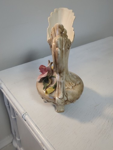 Beautiful Italian Capodimonte 9” Vase Handled & Footed Pink Flowers & Stamp - Picture 7 of 13