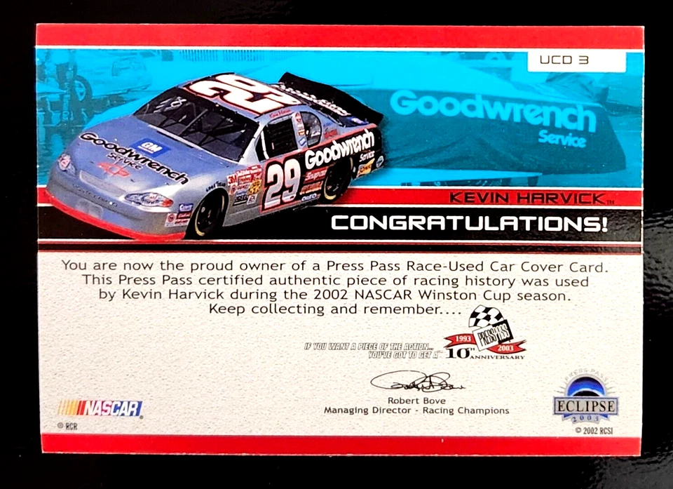 Kevin Harvick 2002 Press Pass RACE USED CAR COVER /450 Under Cover - Image 2 of 2