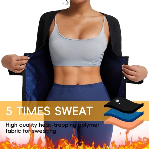 Damen Sauna Anzug Schwitzen Schlankmacher Weste Body Shaper Reißverschluss Langarm Fitnessstudio Tops - Bild 3 von 13