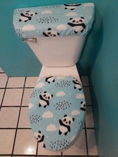 PANDAS ON BLUE FLEECE TOILET SEAT LID  TANK TOP COVER SET