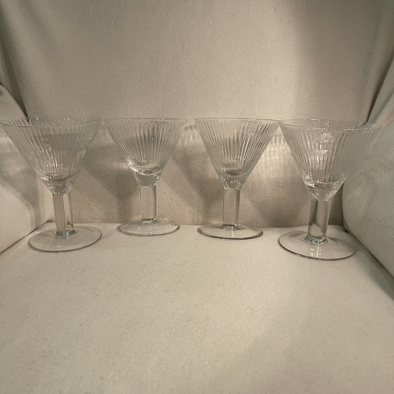 crate and barrel Martini Glasses Ribbed With Thick  Clear Glass Stem Set 4