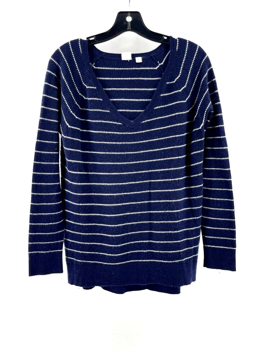GAP Women's Navy Blue White Striped Long Sleeve V Neck Knit