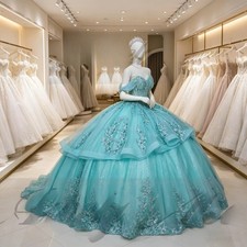 Quinceanera Dresses Ball Gown Cap Sleeve Lace Applique Tiered Skirt Women Prom