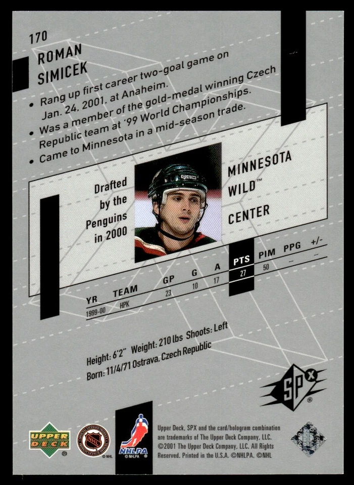 2000-01 SPx Roman Simicek Rookie 1266/1500 Minnesota Wild #170 - Image 2 of 2