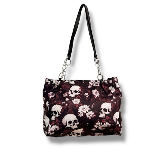 "Gothic Skull and Floral Tote Bag - Dark Fashion Statement Handbag" - Picture 4 of 11