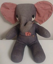Rare Vintage Patchwork Gingham Denim Jean Big Ear Stuffed Elephant Ragdoll 21"