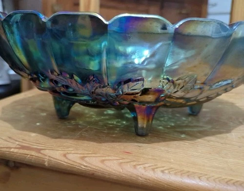 Vintage Indiana Iridescent Carnival Glass BLUE Harvest Grape Footed Fruit Bowl