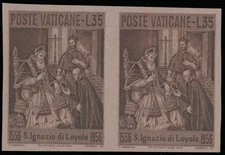 1956, VATICAN, ST. IGNATIUS LOYOLA, IMPERF PROOF OF 35L IN HORIZ PAIR NH SC.#212