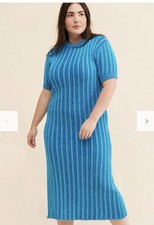 Rue Stiic Knit Ribbed Sweater Dress Blue Open Back Short Sleeve Midi L