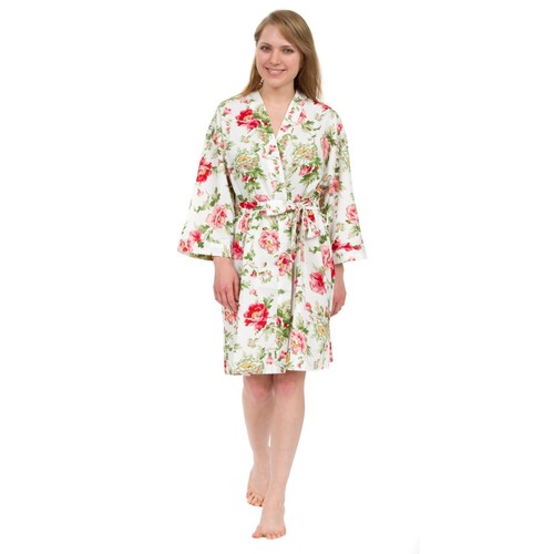 Leisureland Women's Cotton Poplin Robe, Short Kimono Floral Green one size(s-xl) - Picture 4 of 5