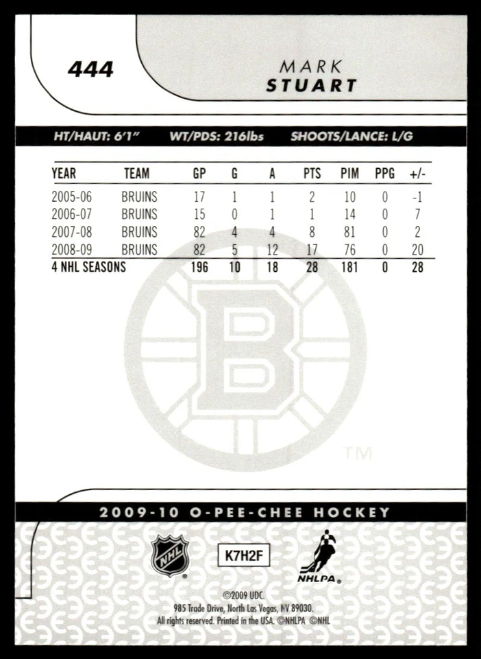 2009-10 O-Pee-Chee Rainbow Mark Stuart Boston Bruins #444 - Image 2 of 2