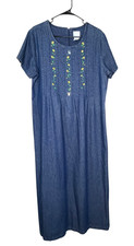 Bobbie Brooks Floral Embroidered Chambray Dress XL Denim Blue Long Cottagecore