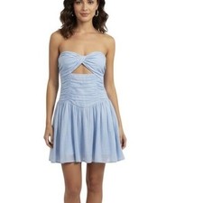 Hello Molly Dress Womens Small Blue Strapless Cutout Mini Ruched Cotton Summer