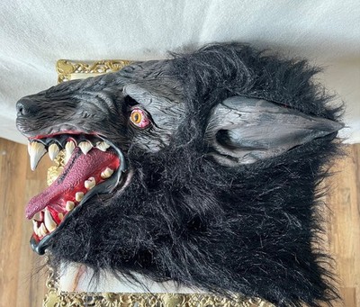 Seasons Werewolf Wolf Halloween Mask Black Fur Long Tongue Fangs Full Head