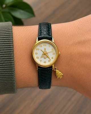 Vintage Women s Quartz Watch Gold Tone Green Band Tree Charm   New Battery Works
