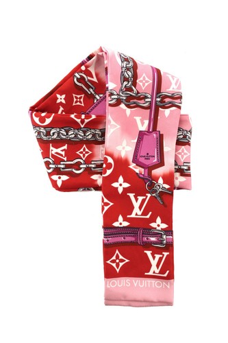 Authentic Louis Vuitton Red Silk Monogram Giant Confidential Bandeau Scarf 48”