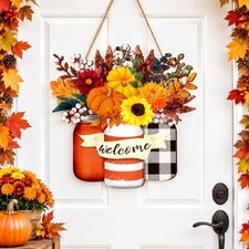 Wooden Pumpkin Welcome Sign for Front Door Decor Hanging Autumn Art