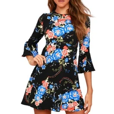 Lulus Welcome Back Black Floral Print Skater Dress Size XS