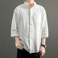 Men Cotton Linen 3/4 Sleeve Shirt Japanese Casual Loose Stand Collar Blouse Top