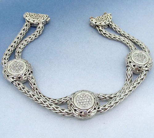 John Hardy Sterling Silver Trio-Station Bracelet with Diamonds 7 inch