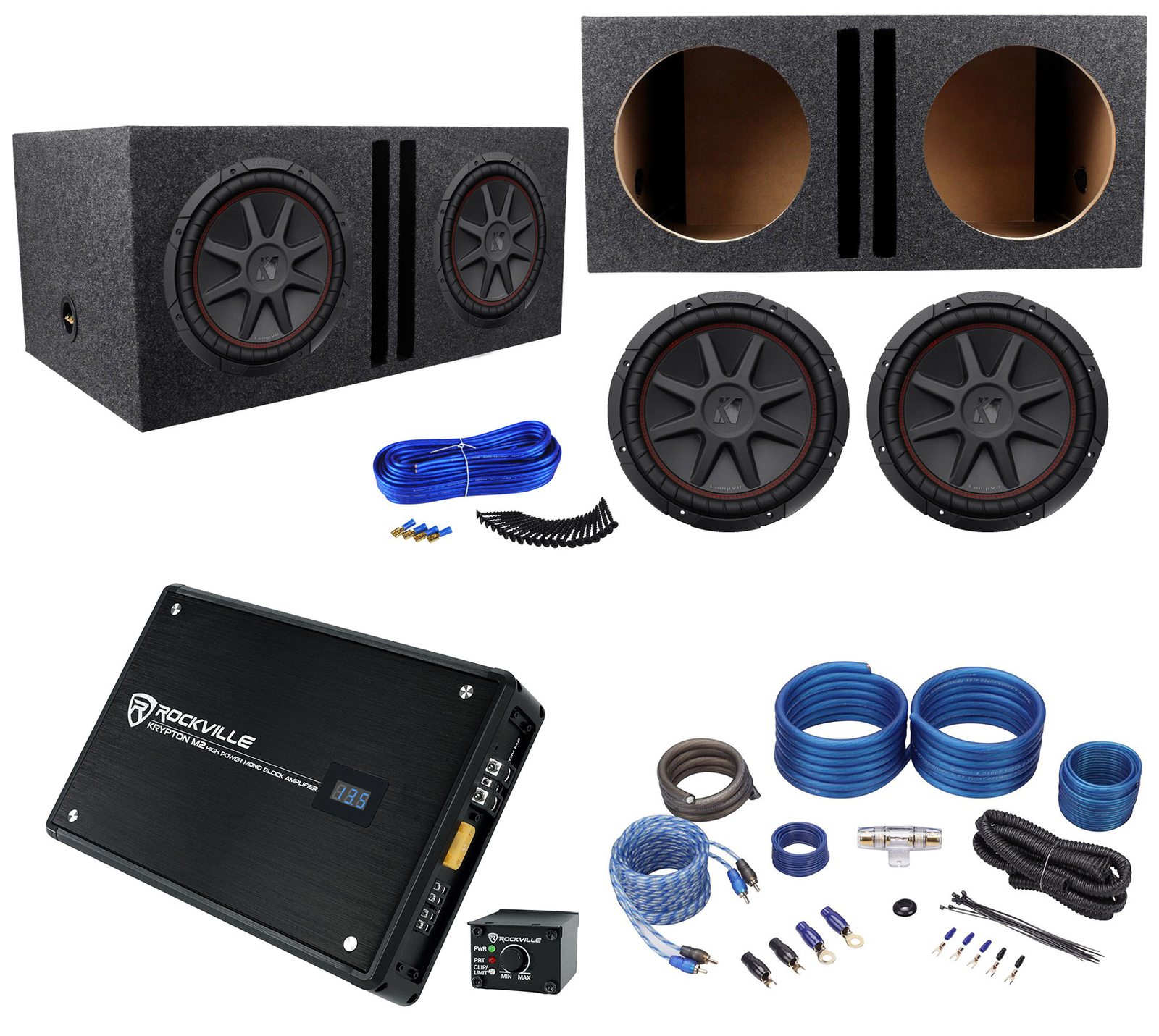 2 Kicker 43CVR124 COMPVR 1600 Вт 12 сабвуферов Вентилируемая коробка Моноусилитель Комплект усилителей 78690₽