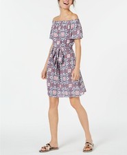 New Michael Kors Mosaic Off The-Shoulder Dress Large sash belt Sea Coral $125