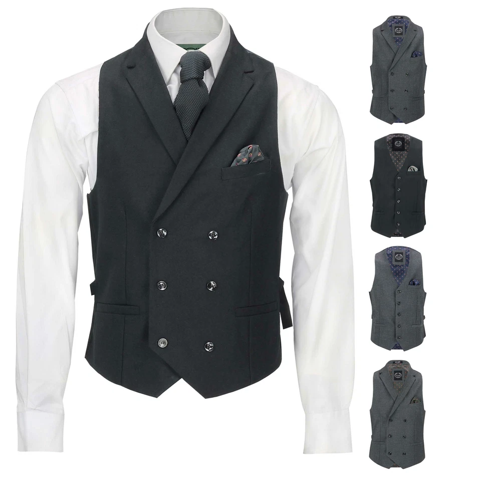 Mens Smart Casual Grey Black Double Breasted Collar Waistcoat Formal Fitted Vest