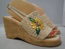 PFR VTG 70s 80s 90s Beige Straw Hippy Sunflower Chunky Platform Heel Sandals 7