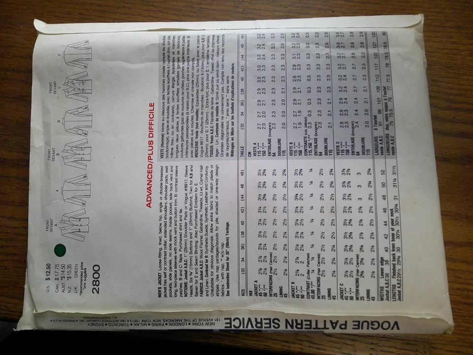 1990's VOGUE Men's Suit Jacket Pattern 2800 Size 44-48 UNCUT - Image 2 of 2