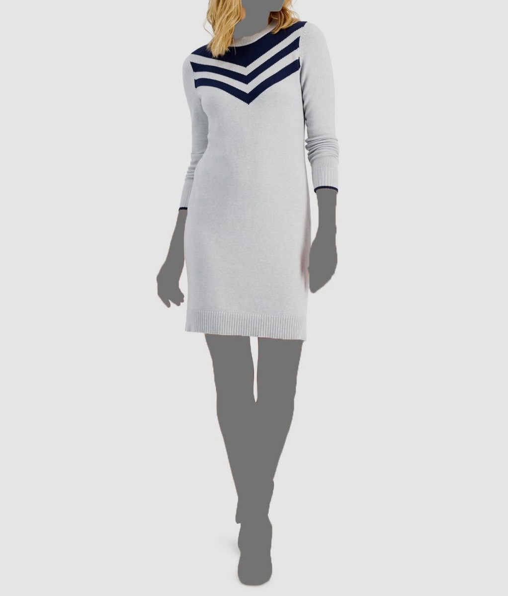 Charter Club Chevron Neck Sweater Dress, Created for Macy's - Slate Heather Combo - Size XXL