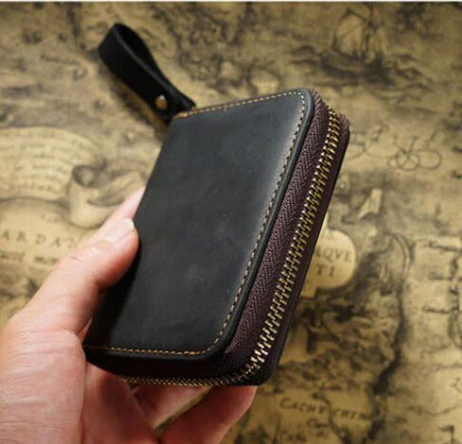 EDC Small Credit Card Holder Cowhide Leather Multiple Slot Wallet Zip Purse