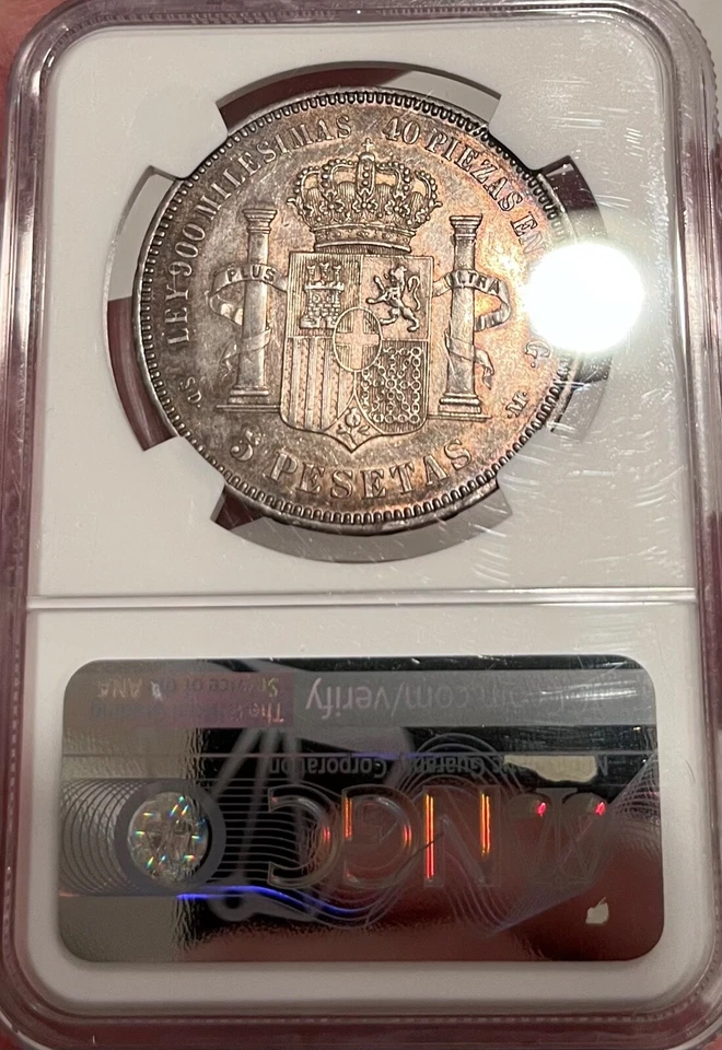SPAIN: 1871 (71) SD M 5 Pesetas NGC AU53 — MARVELOUSLY UNMESSED WITH & ORIGINAL - Image 2 of 2
