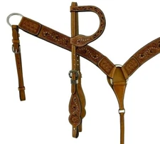 Western Horse One Ear Fancy Tooled Leather Tack Set Bridle + Breast Collar