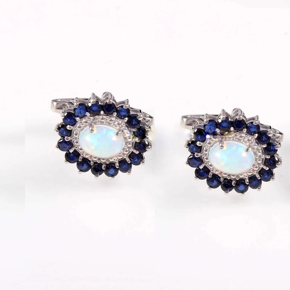 Gemelos para hombre estilo flor halo 5,02 TCW ópalo ovalado y zafiro azul boda novio Foto 3 de 4