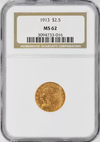 1913 $2.5 Indian Head Quarter Eagle Gold Coin NGC MS62