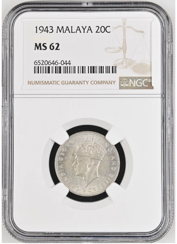 MALAYA 20 Cents 1943, NGC MS 62 Lustrous UNC, Silver KGVI, First Date.  S2