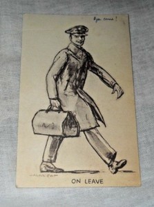 World War II Postcard 1943 Postmark w One Cent Stamp "On Leave" Serviceman