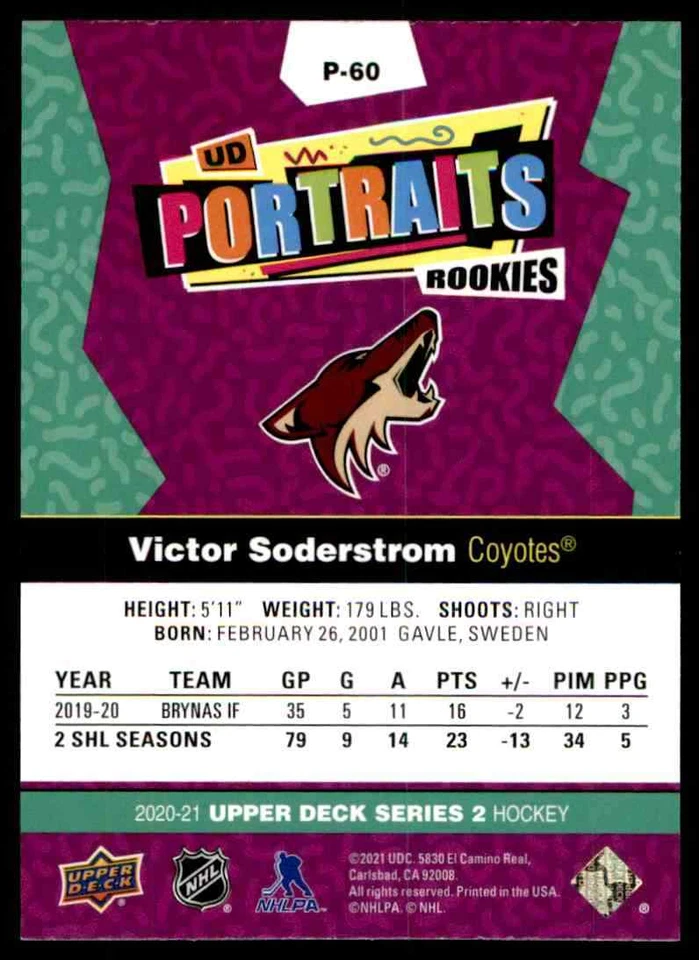 2020-21 Upper Deck UD Portraits Victor Soderstrom #P60 - Image 2 of 2