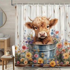 Cow Shower Curtain, Farmhouse Rustic Floral Funny Highland Cow Shower Curtain...