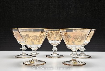 Set of 5 Vintage Crystal Gold Grapes & Vine Etched Cocktail Glasses 4''-193H