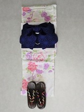 Women's Yukata Set with Obi and Geta, Cotton, Easy-Wrap Belt, Used
