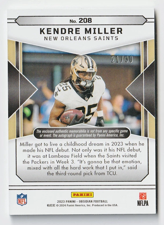 2023 Panini Obsidian Kendre Miller 3 Color Patch Auto Purple 21/30 RPA Saints - Image 2 of 2