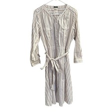J Crew Shirt Dress Preppy Y2K Ivory Yellow Blue Brown Stripe Belted 12 2007