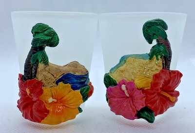 Shot Glass lot Frosted 3D ''Tropical Island Scene Palm Tree Flowers '' Souvenir