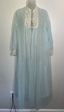 RARE Vintage Val Mode AQUA Blue Sheer Nylon Peignoir Robe Lace Boudoir Small