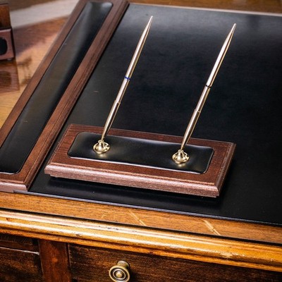 Dacasso A8404 Walnut Wood & Black Leather Double Pen Stand NEW