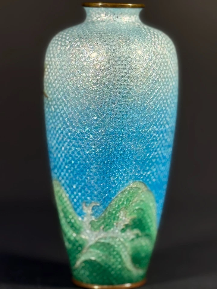 "Florero japonés Meiji de alambre fino cloisonné se traga sobre las olas azul cielo 6""" Foto 4 de 4