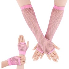 Neon Pink Fishnet Arm Sleeves Fingerless Gloves 2 Pairs Stretchy Mesh Glow Party