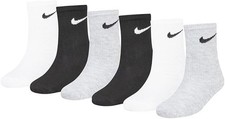 NIKE Kids 6-Pairs Lightweight Crew Socks White Black Grey- Boys Size XXS 7C-10C