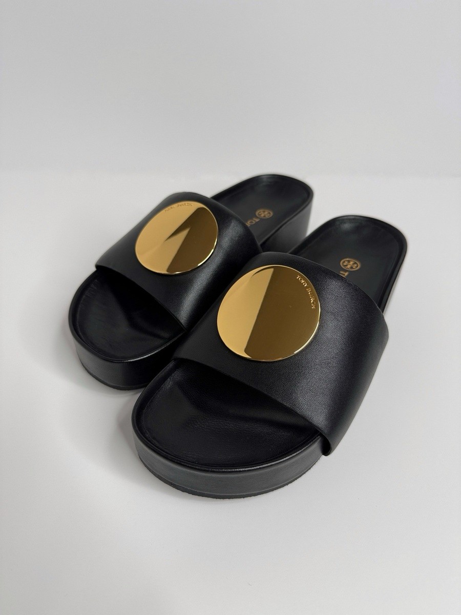 Tory Burch Patos Platform Slide Sandals Black Leather Gold Disk Sz